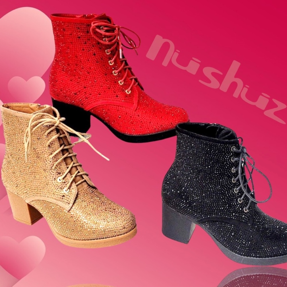1 Left! Italina Tan Lace-Up Gold Rhinestone Embellished Heeled Combat Bootie - Picture 3 of 5
